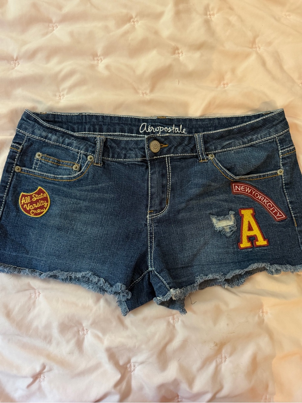 Aeropostale Dark Blue Denim Patch Frayed Hem Shorts